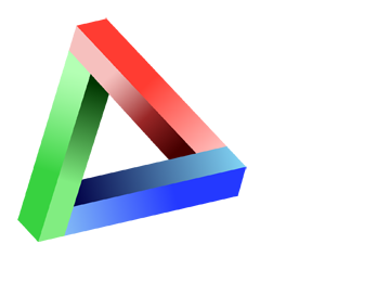 BMI logo, red, green and blue Penrose triangle, tilted slightly to one side
